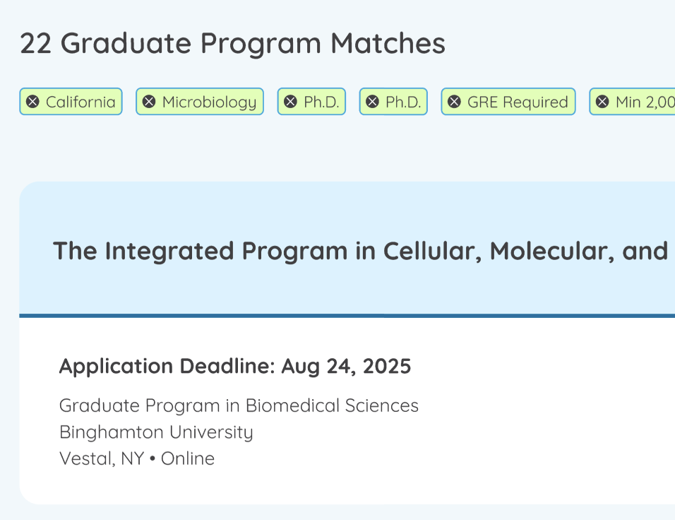 a view of the graduate program search criteria and results